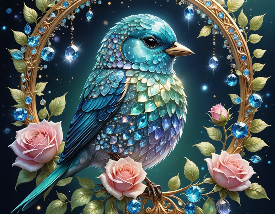 Sparkling Mint-Rose Bird Portrait with Gemstones