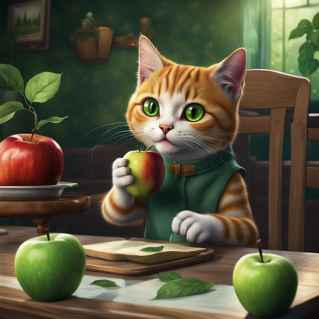 Cat Holding Apple in Pop Surrealism Style