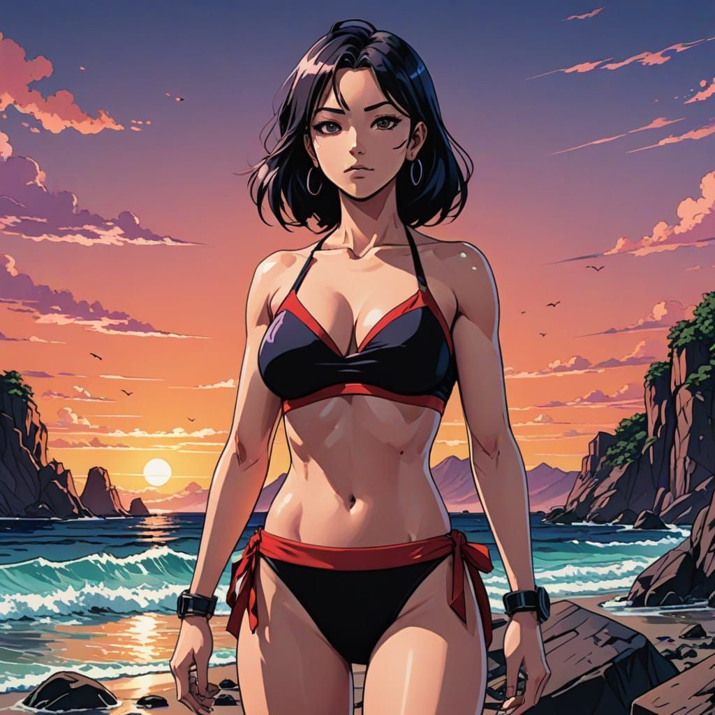 Confident Woman on Rocky Beach in Anime Style