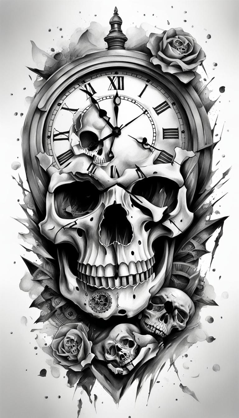 Realism Tattoo Design of a Broken Clock with Skull