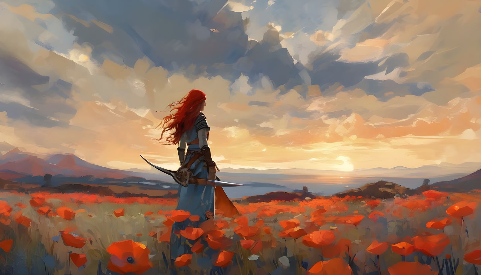 Impasto Painting of Red Sonja in Exotic Landscape