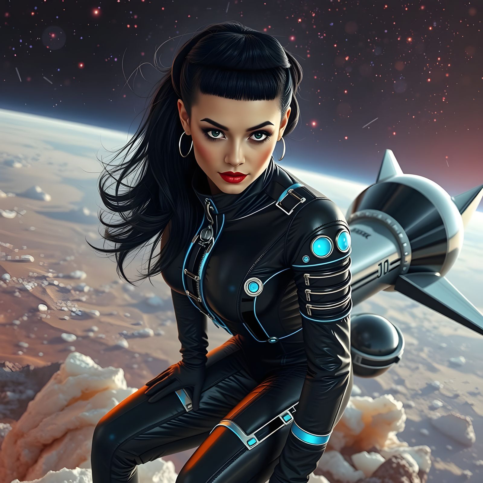 Glamorous Space Goddess in Retro-Futuristic Spacesuit