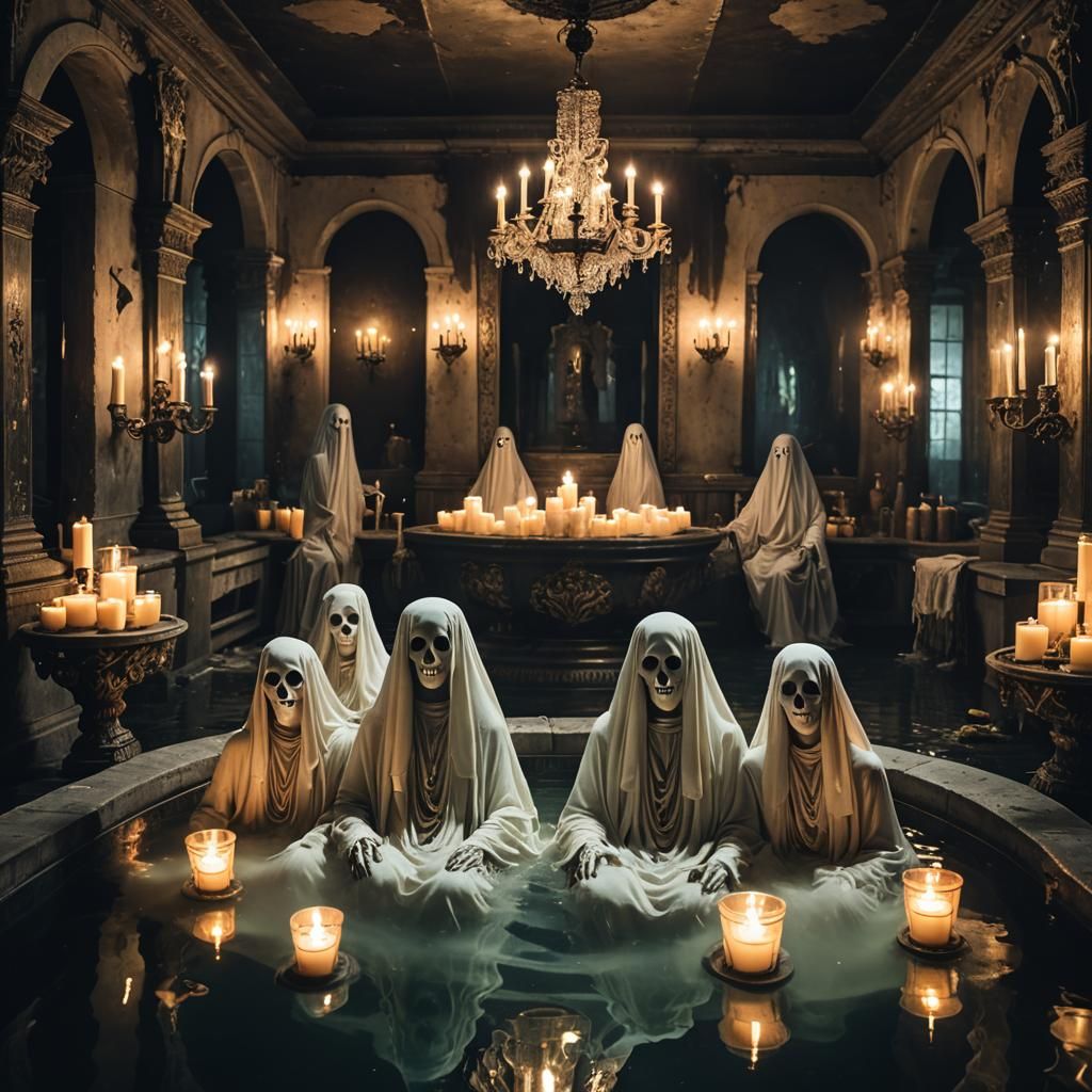 Ghosts Enjoying Candlelight Spa in Haunted Luxury