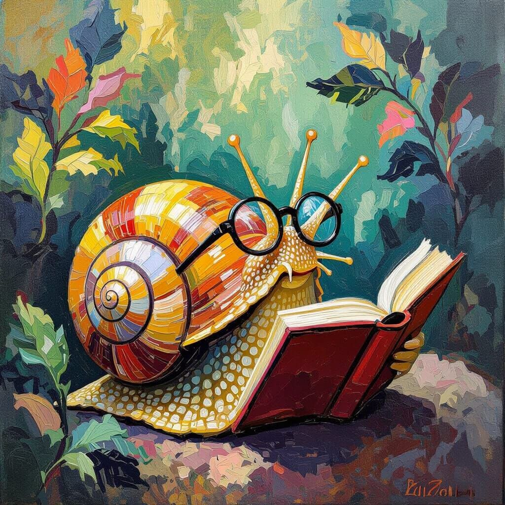 Snail Reads Book in Post-Impressionistic Style