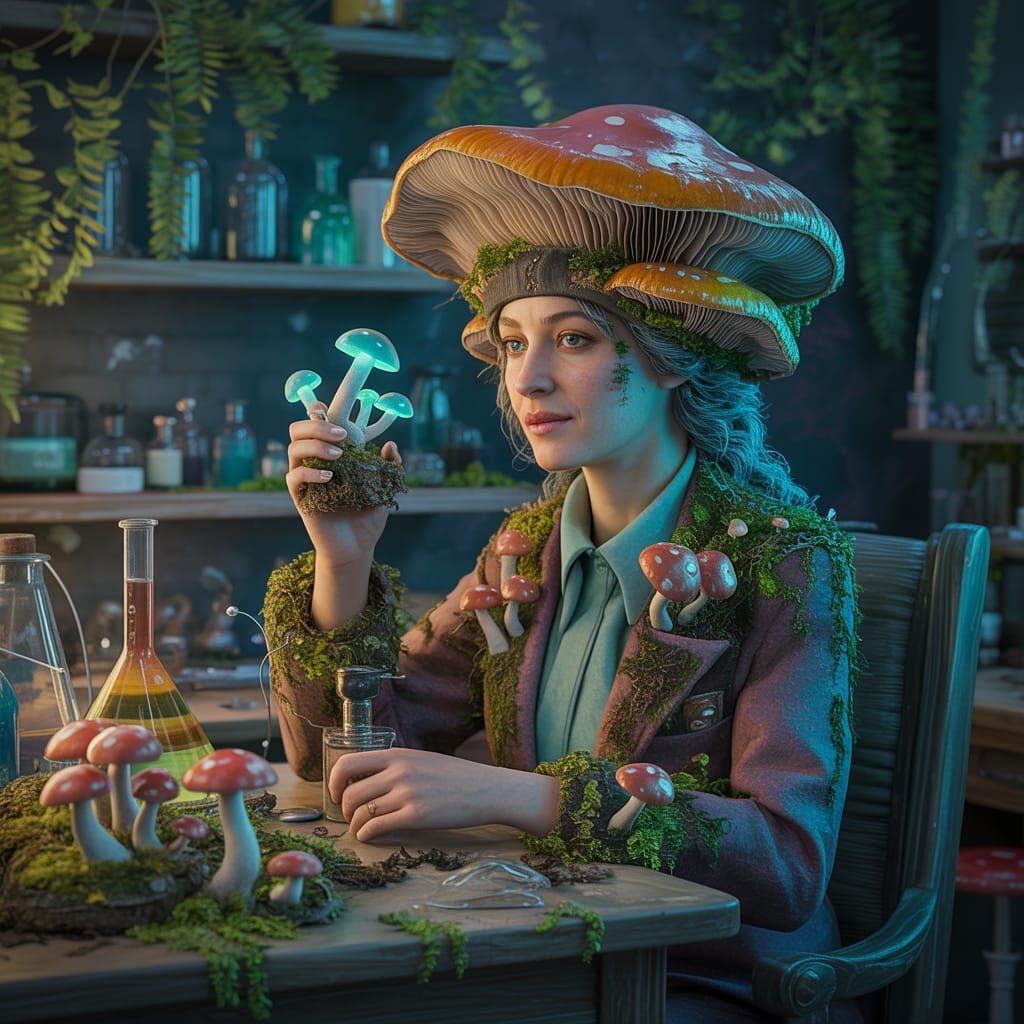 Mushroom Scientist in Bioluminescent Laboratory