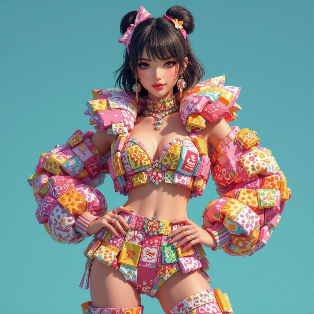 Model in Candy Wrapper Outfit: 3D Anime Art