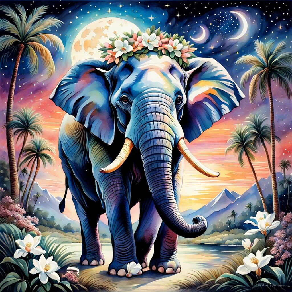 A watercolor depicting a beautiful multicolored Easter elephant with a wreath of white magnolias on its neck
,
surroun...