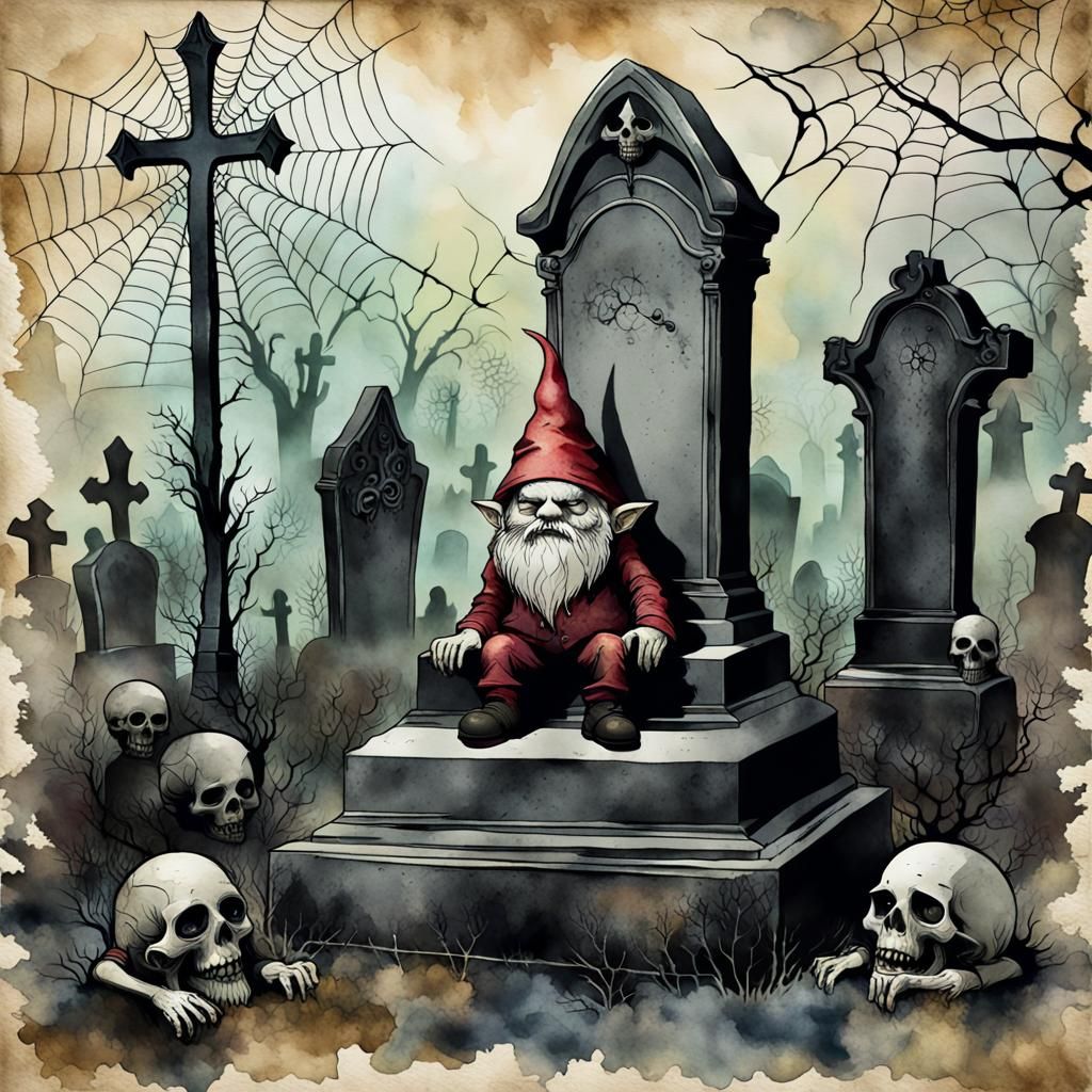 Devil Gnome in Eerie Graveyard: Macabre Concept Art