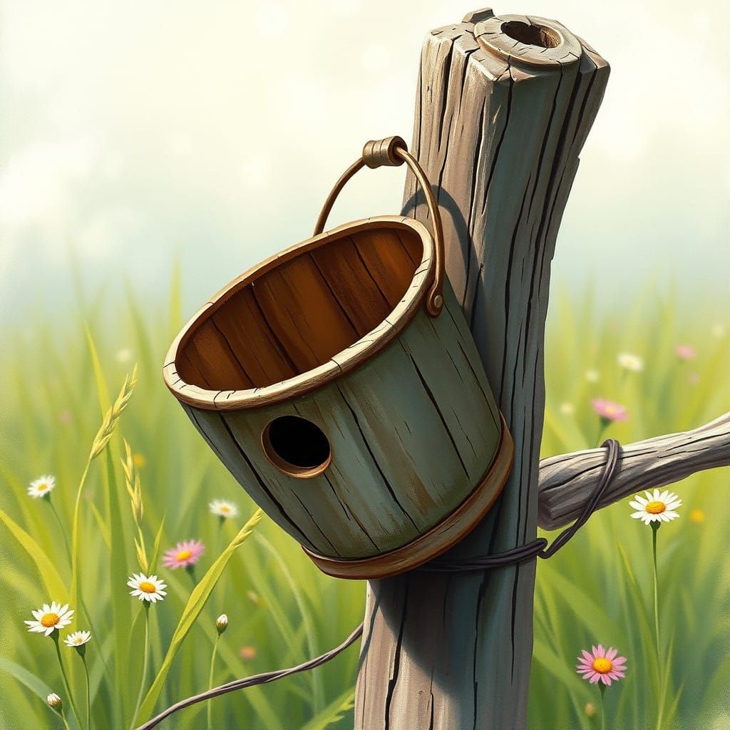 Whimsical Rustic Bucket in a Lush Green Meadow