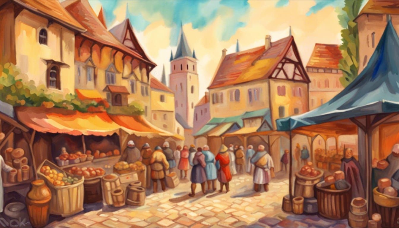 Fantastic Detailed Medieval Market in Gouache Style, Watercolor, Museum Epic Impressionist Maximalist Masterpiece, Thick...