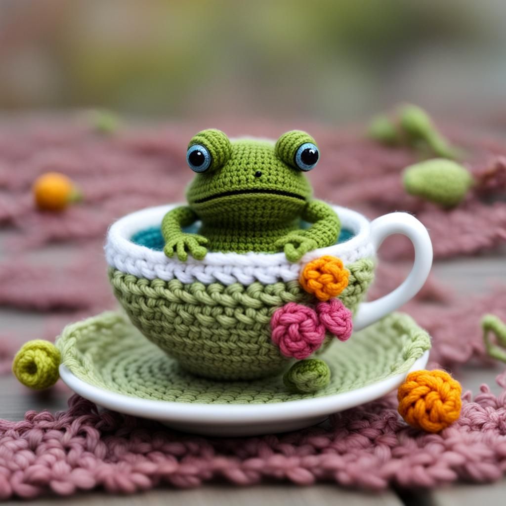 Crochet Frog in Teacup: Kindness Scene