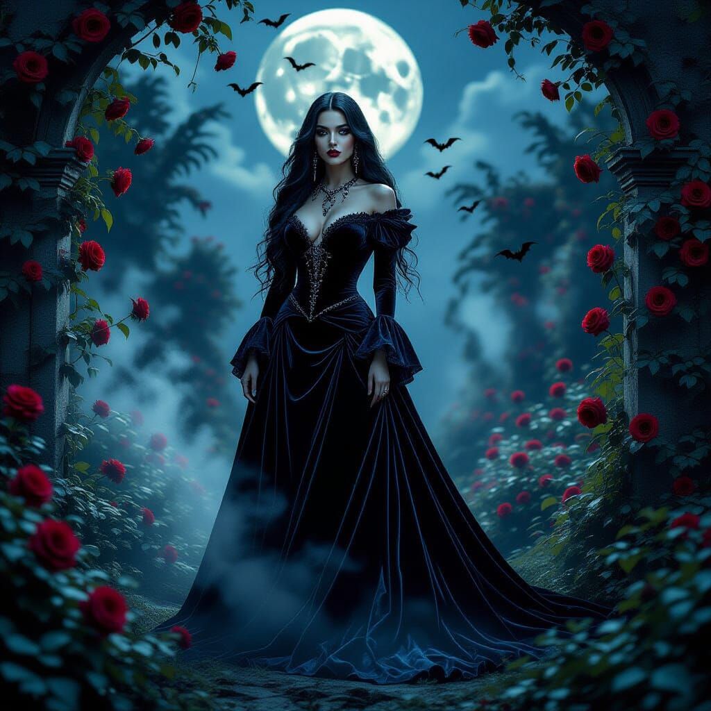 Vampire Queen in Moonlit Garden: A Gothic Horror Scene