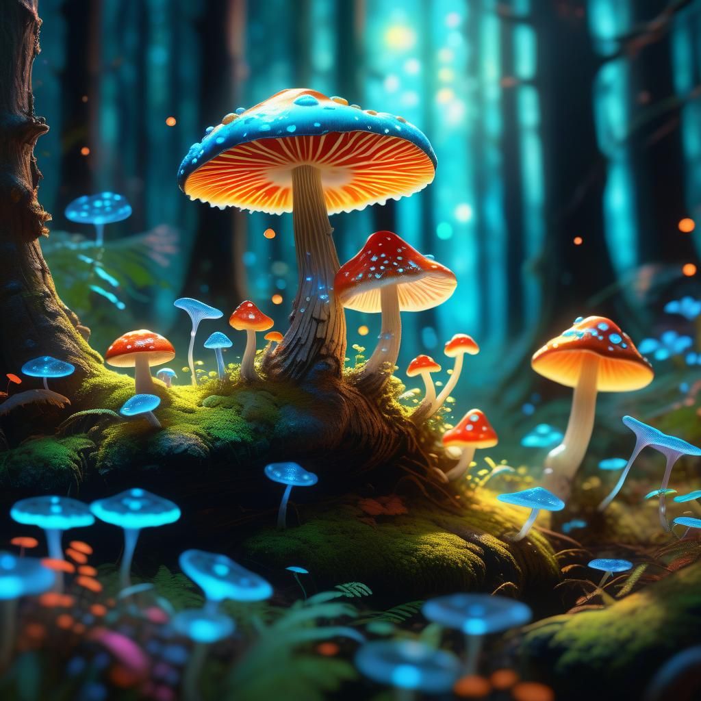 Opalised Mushroom with Dancing Magical Creatures in Forest