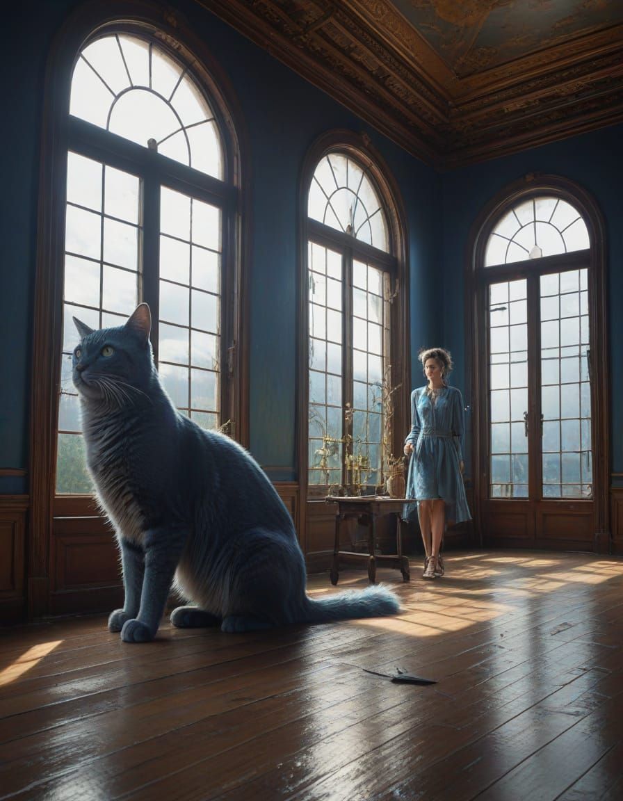 Magical Room Concept Art with Blue Cat and Androgynous Perso...