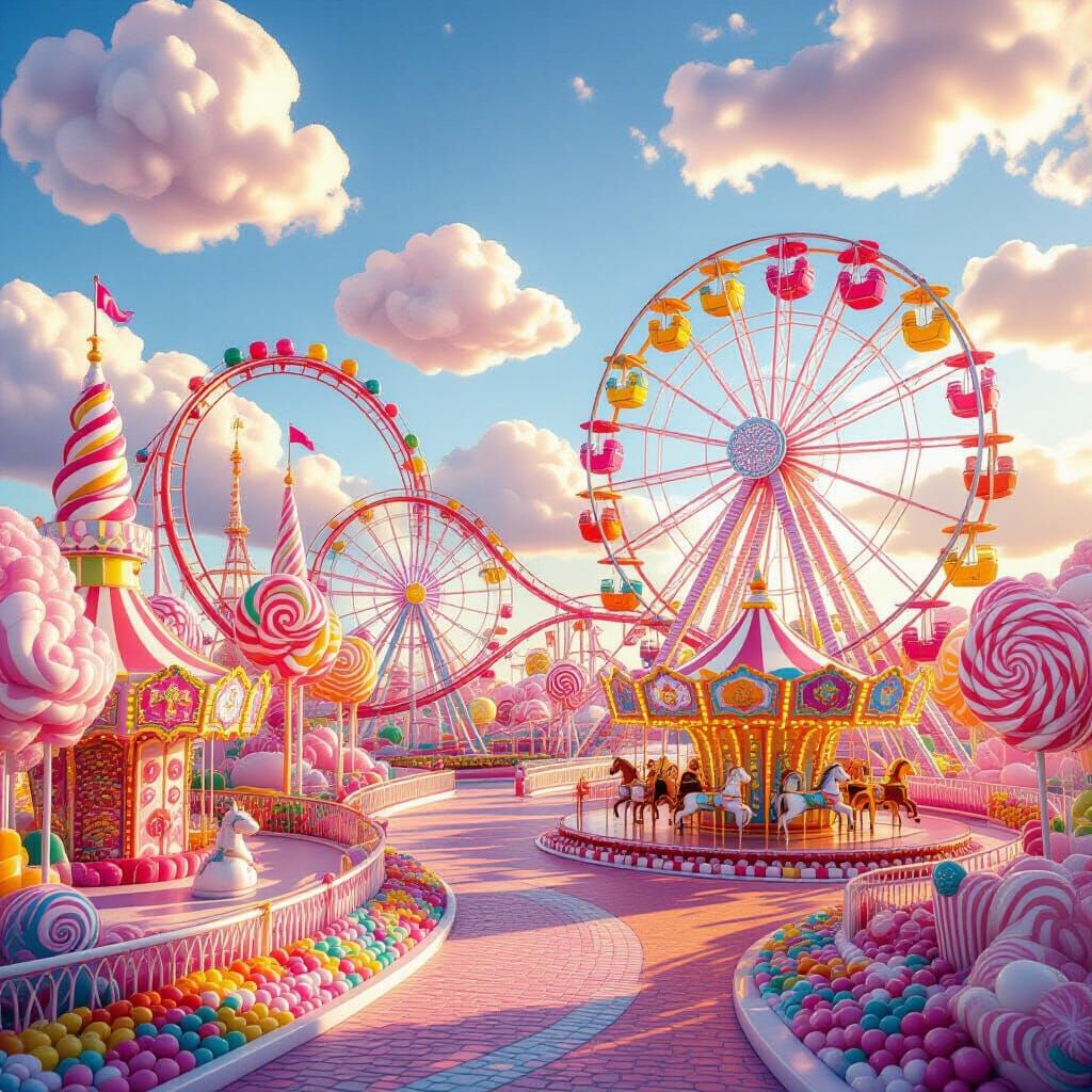 Hyperrealistic Candy Amusement Park at Golden Hour