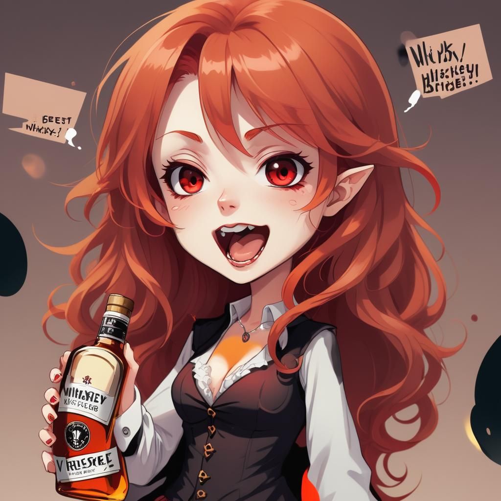 Anime Chibi Vampire Girl with Whiskey Bottle