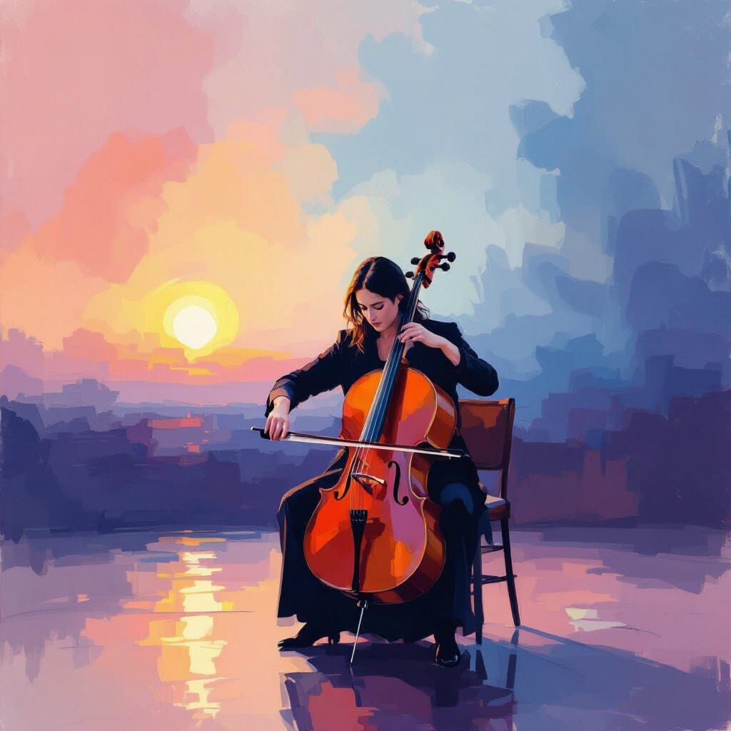 Cellist in Grand Hall, Rothko-Inspired Abstract Art