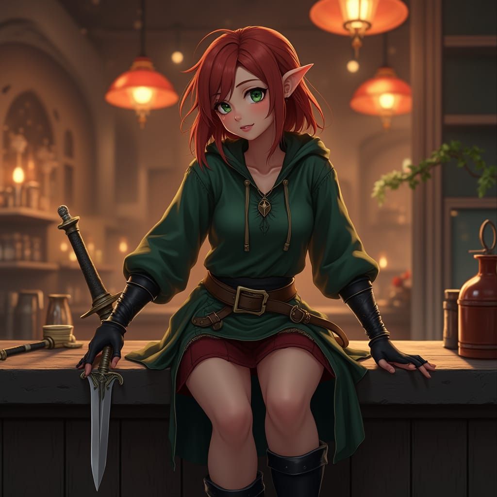 Half-Elf Thief in Tavern, Detailed 3D Anime Style