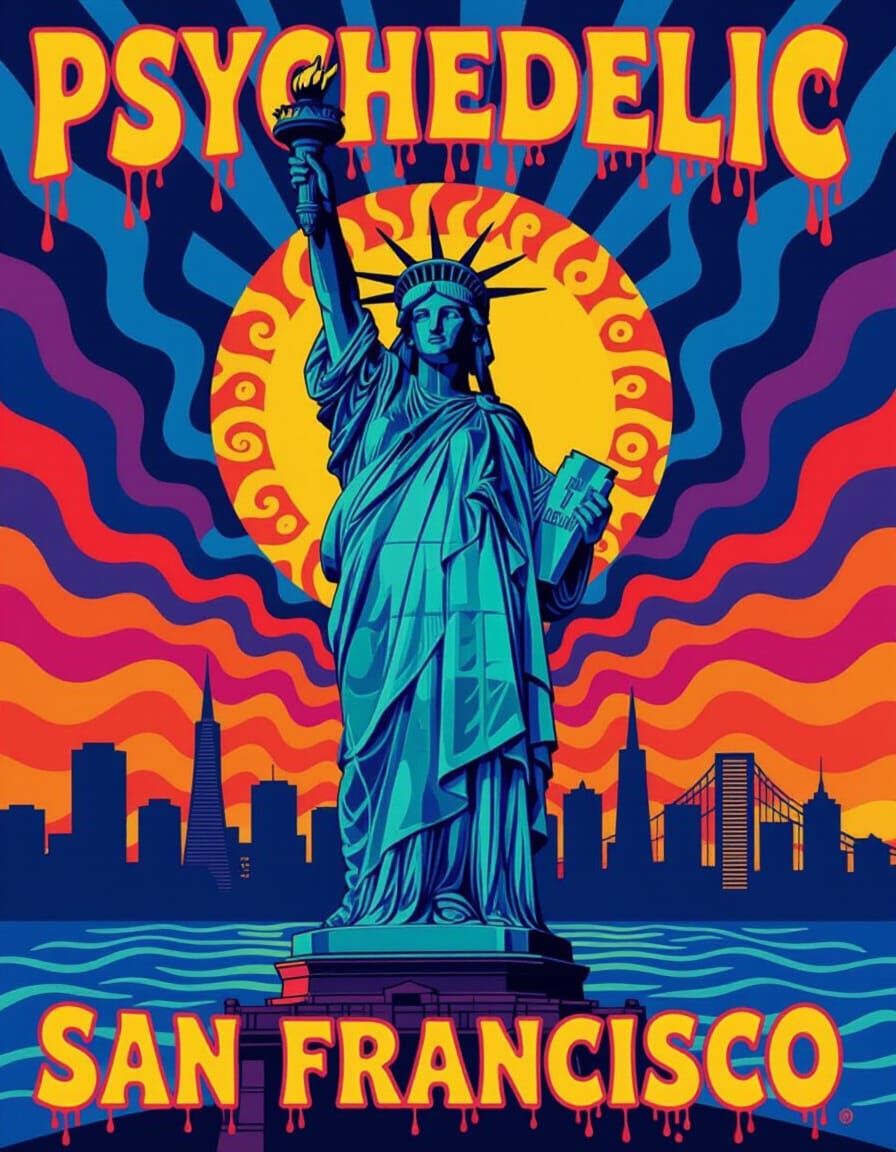 Psychedelic Statue of Liberty Poster in San Francisco Style
