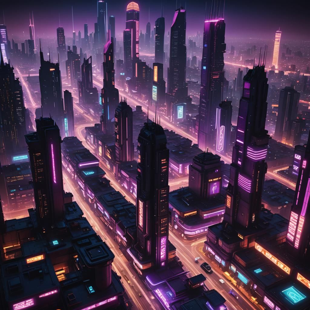 Cyberpunk Cityscape at Night in Digital Matte Painting