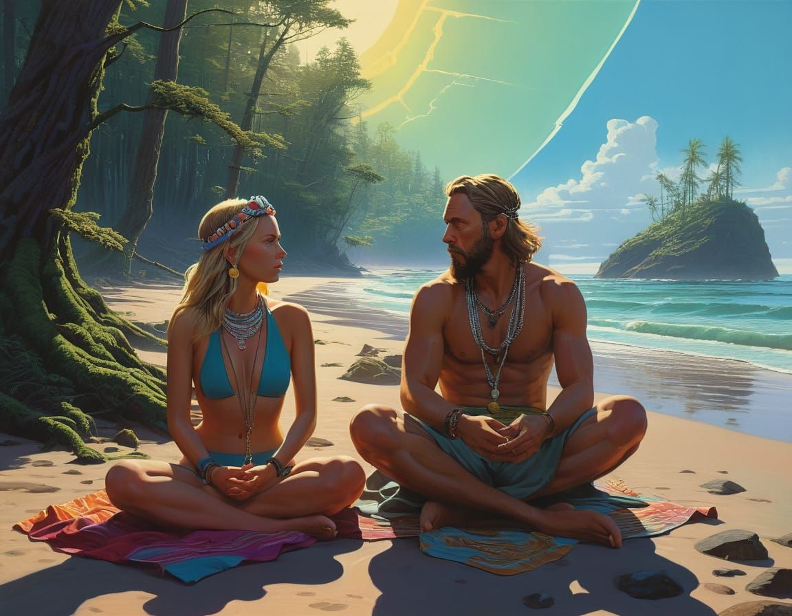 Hyperrealist Beach Couple in Fiji Forest