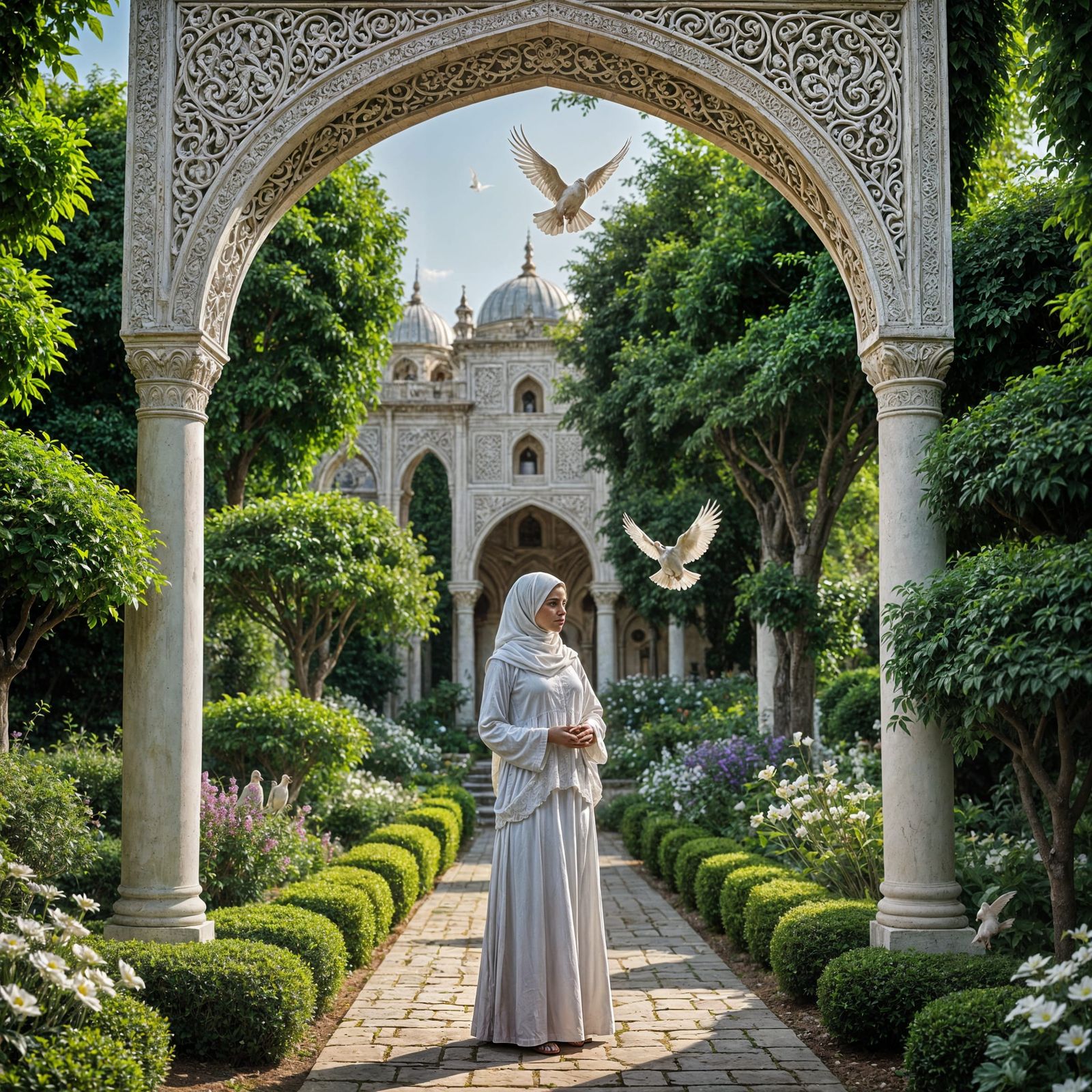 Muslim Woman with Dove in Garden Setting