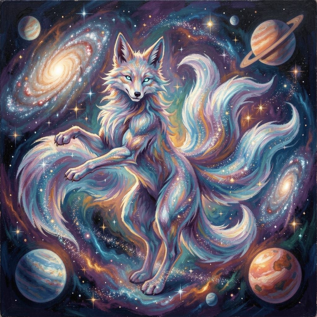 Cosmic Kitsune Spirit Dancing in Starry Nebula