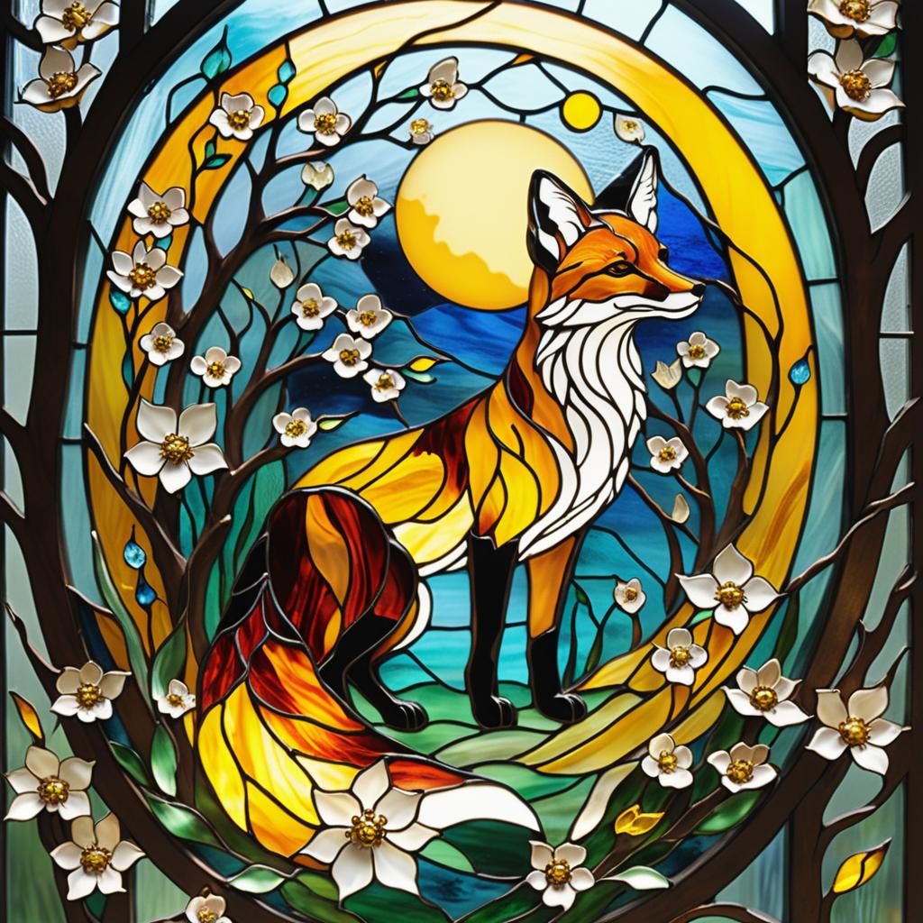 Elegant Stained Glass Fox Under Moonlit Tree