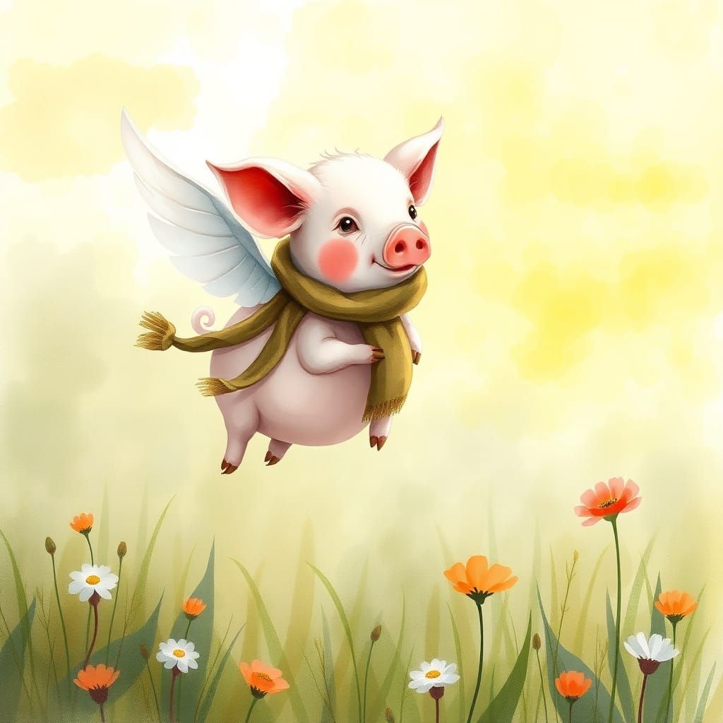 Whimsical Winged Pig in Sunny Meadow
