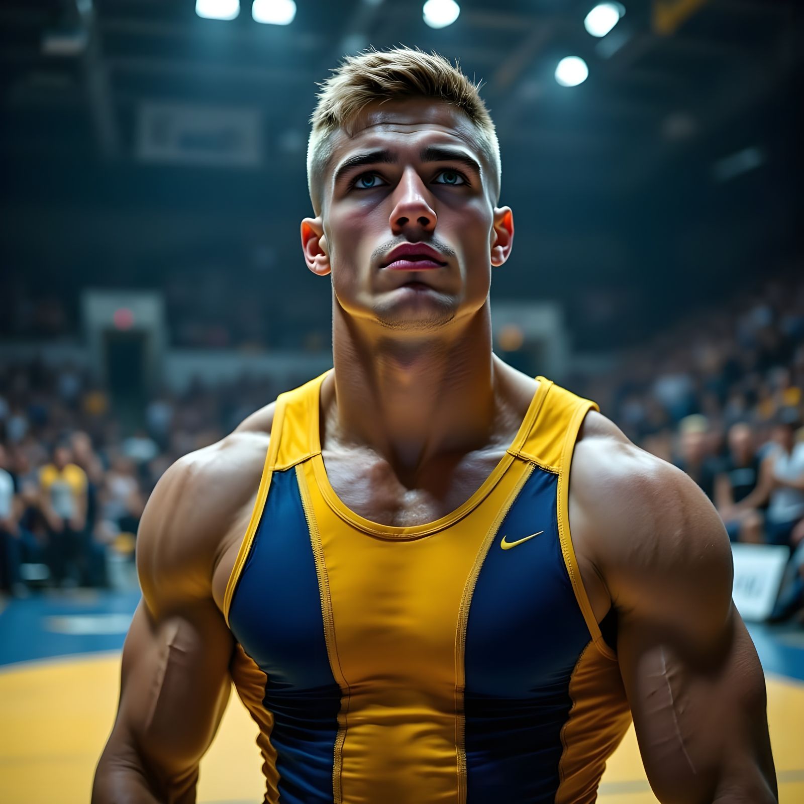 Athlete in Gold and Blue Singlet, Ready to Wrestle