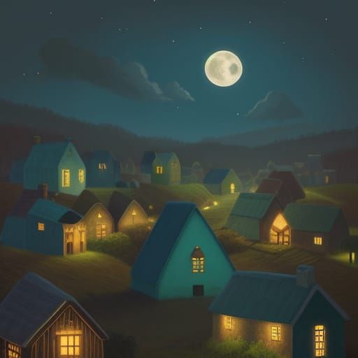 Naive Art Village Under a Large Moon