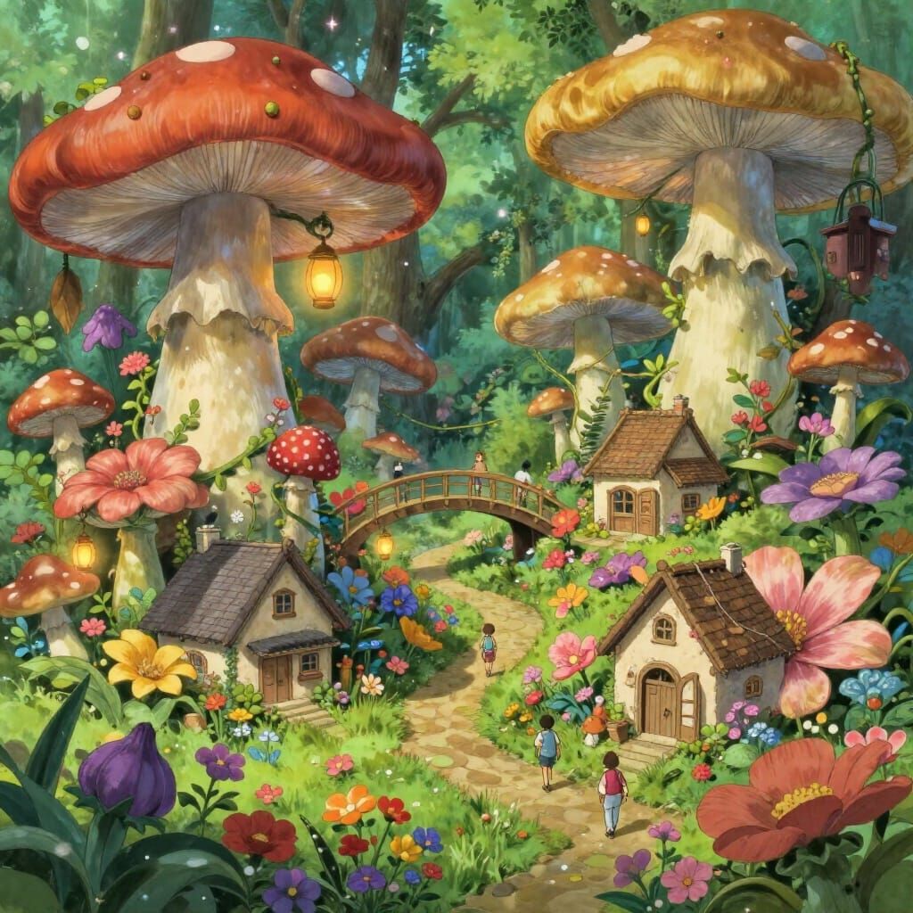 Whimsical Anime Village in Giant Flowers