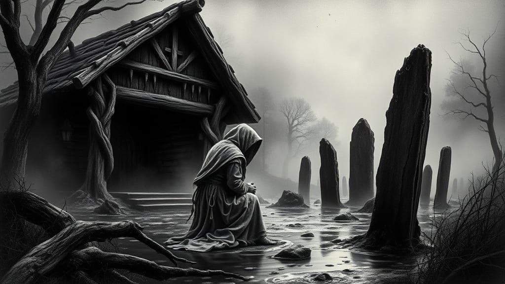 Haunting Bog Scene with Woman in Cloak