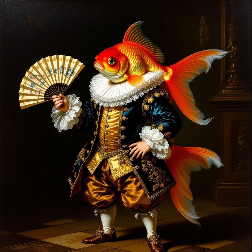 Regal Goldfish in 17th Century Court Attire, Dutch Golden Ag...