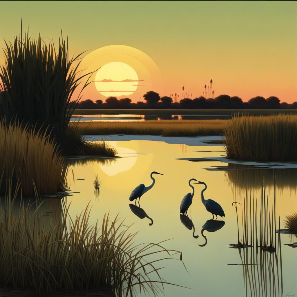 Lagoon Sunset: Hopper and de Chirico Inspired Scene