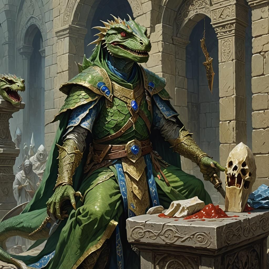 Lizardfolk Priest on Bloody Altar in Engraving Style
