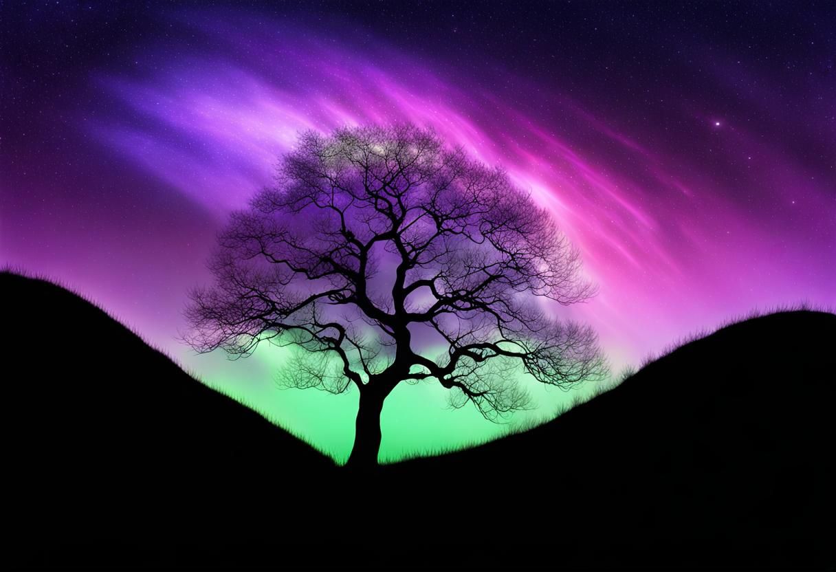 Ethereal Night Sky Landscape with Northern Lights