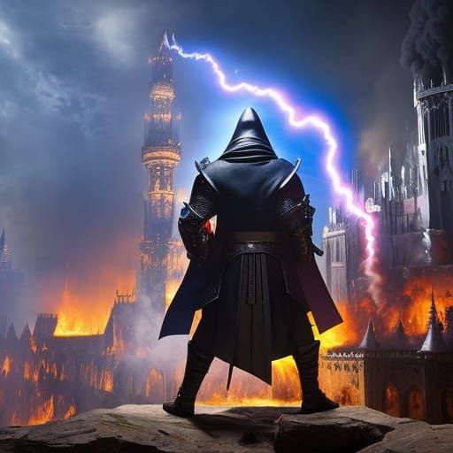 Sinister General Commands Magical Energy Over Burning City