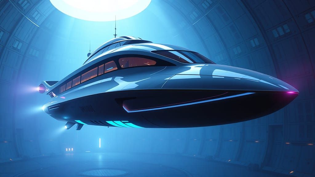 Futuristic Luxury Space Frigate Lands in Serene Space Dock