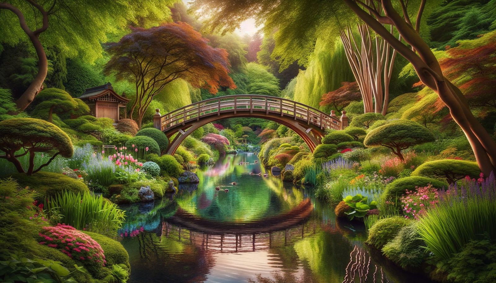 Wooden Bridge Over River in Lush Garden Park