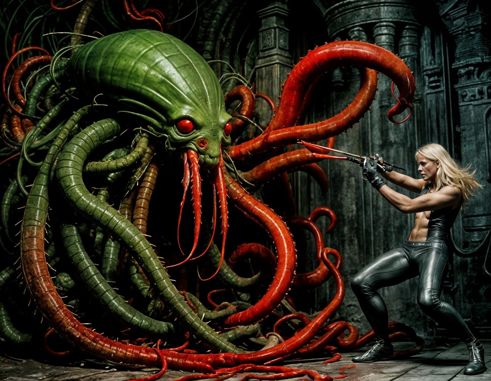 Red and Green Tentacled Monster Attack in Giger Style