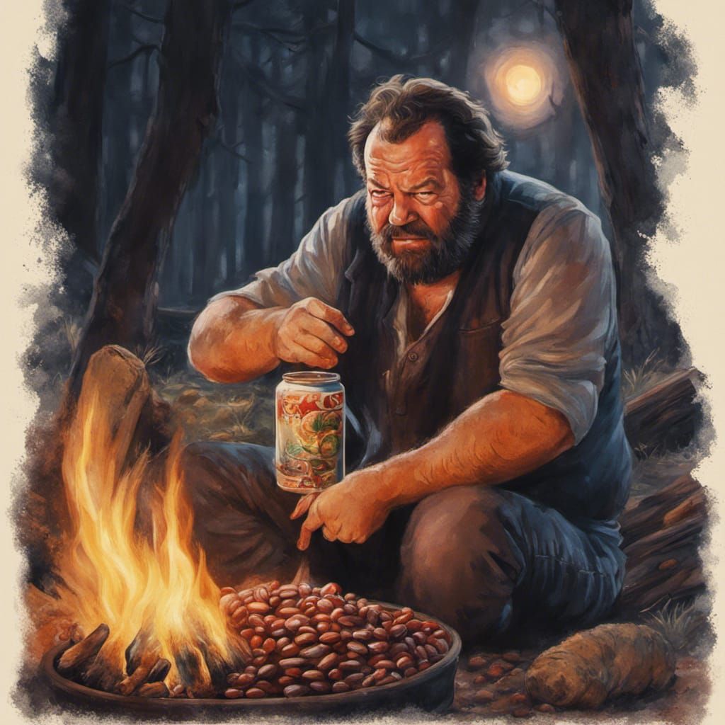 Bud Spencer at Campfire: Hyperrealistic Night Scene