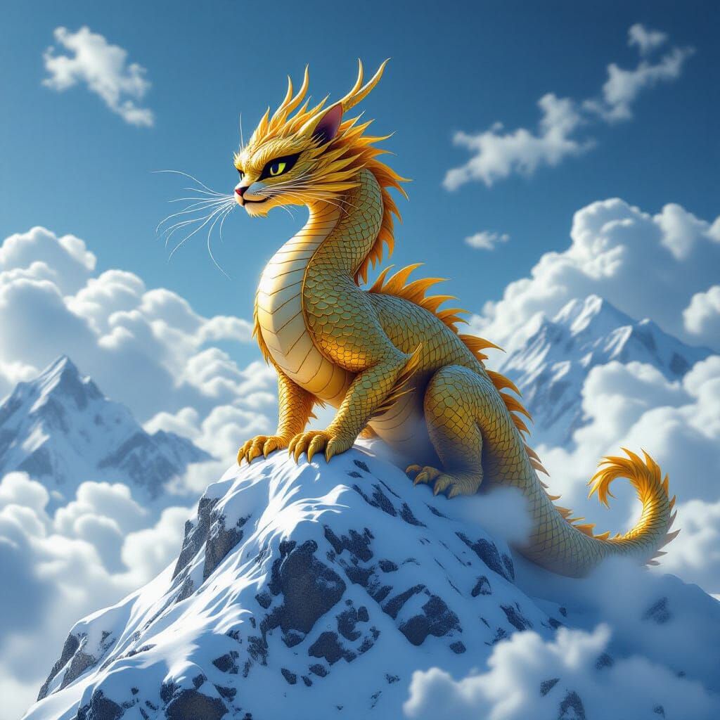 Golden Dragon with Cat Eyes on Snowy Peak