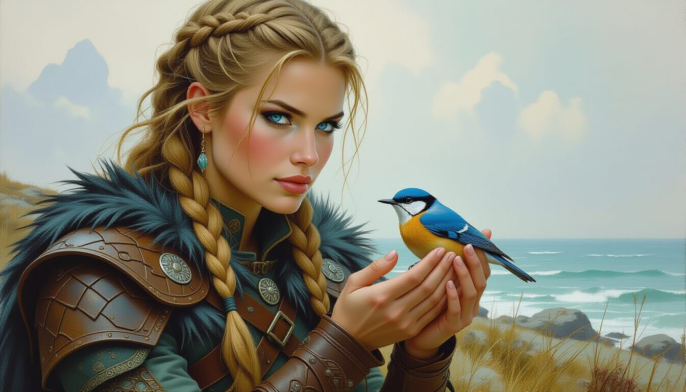 Viking Woman Cradles Bird in Fantasy Illustration