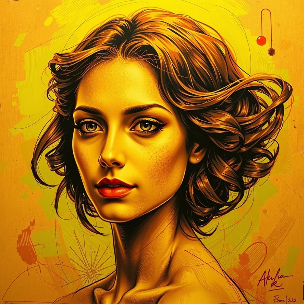 Abstract Face in Blue and Green Etched Style