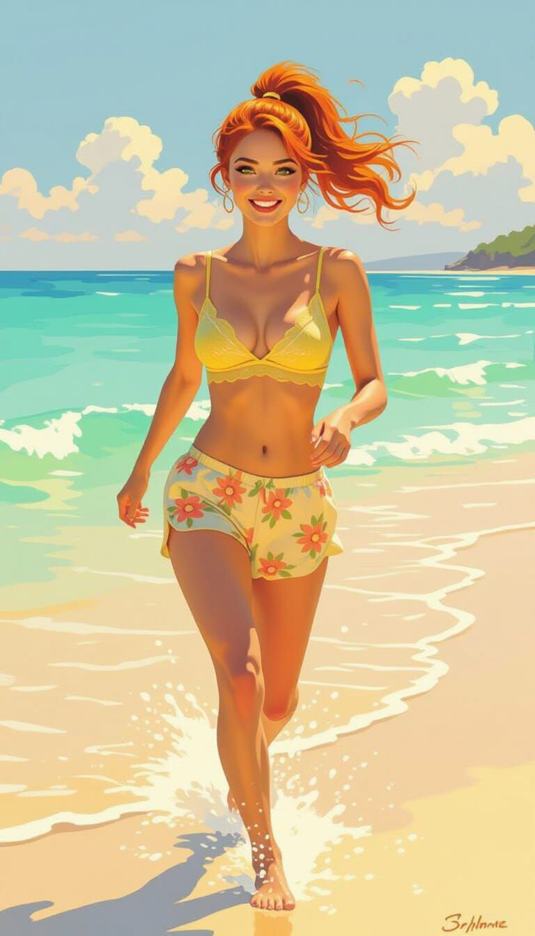 Woman Joyfully Runs Through Tropical Beach Waves