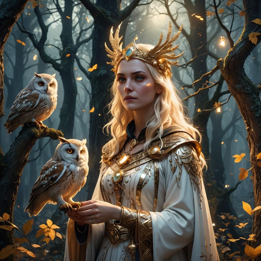 Blonde Witch and Golden Owl in Magical Forest