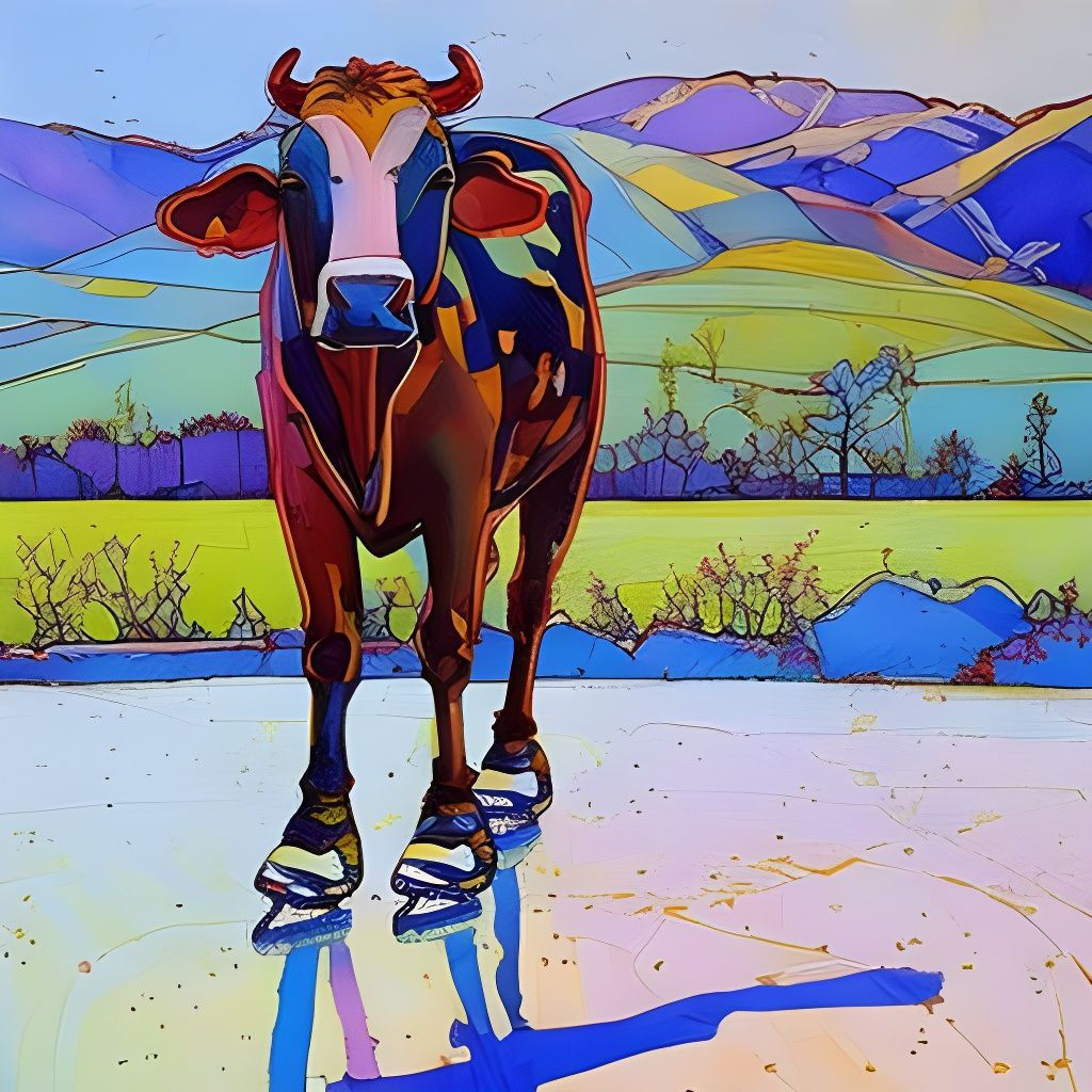 Cow Ice Skating on Rink in Watercolor Style