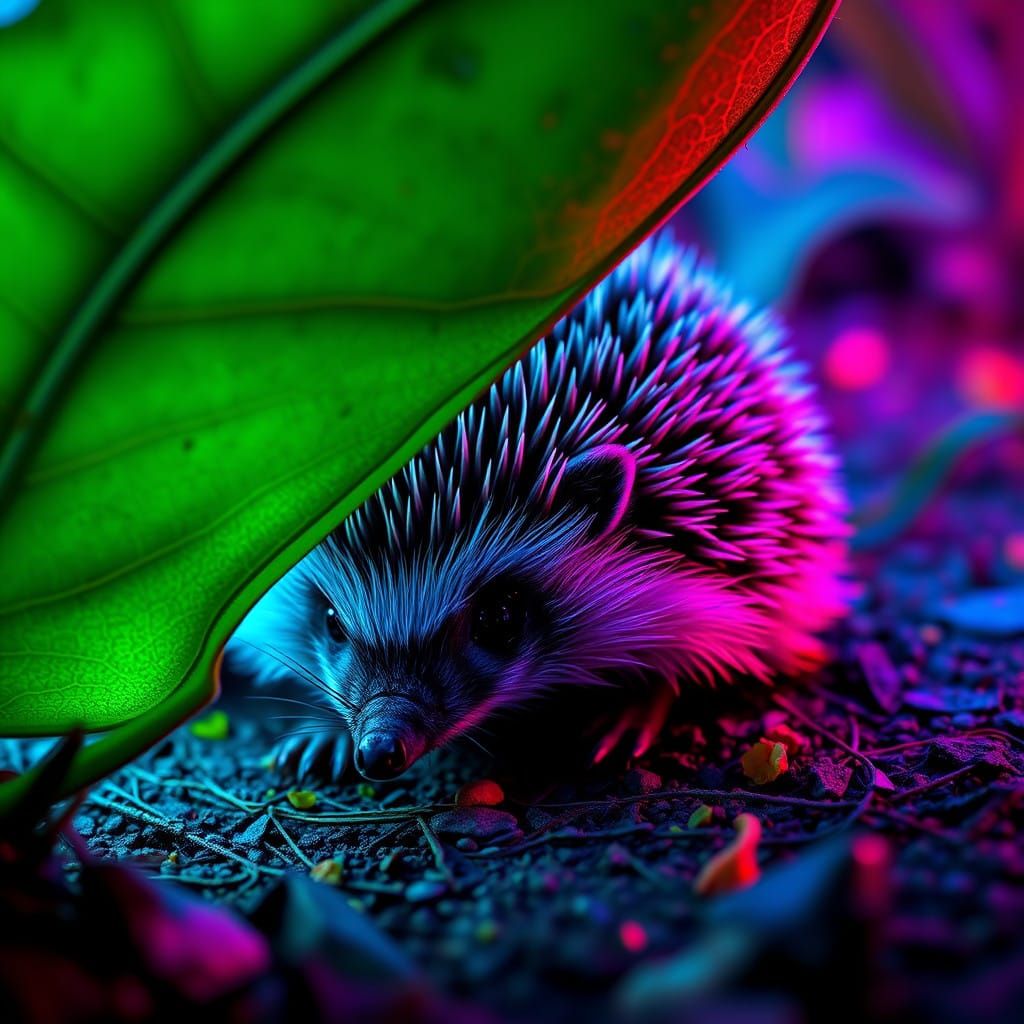 Hyperrealistic Hedgehog Under Leaf in Cinematic Style