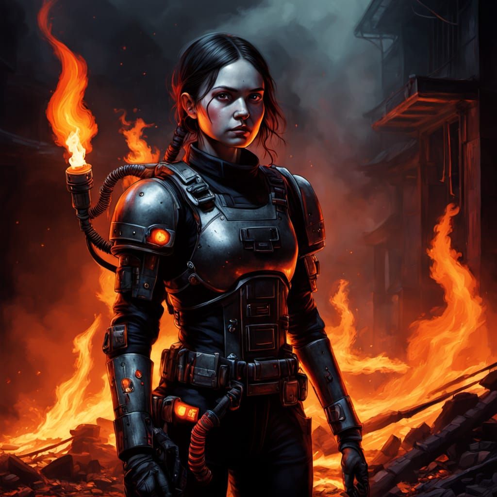 Cyborg Wednesday Adams with Flamethrower, Dark Fantasy Art